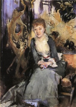Miss Reubell sentada frente a una pantalla retrato John Singer Sargent Pinturas al óleo